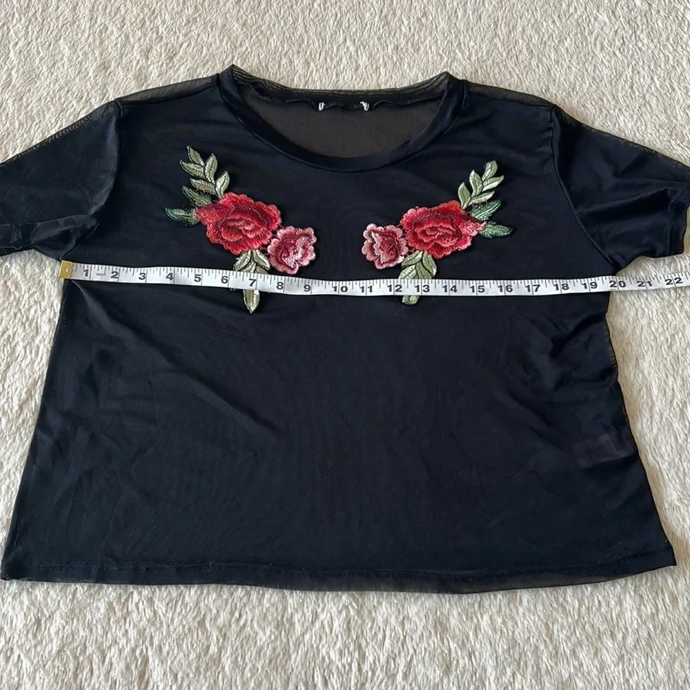 Black mesh rose embroidered shirt size small - Picture 7 of 16